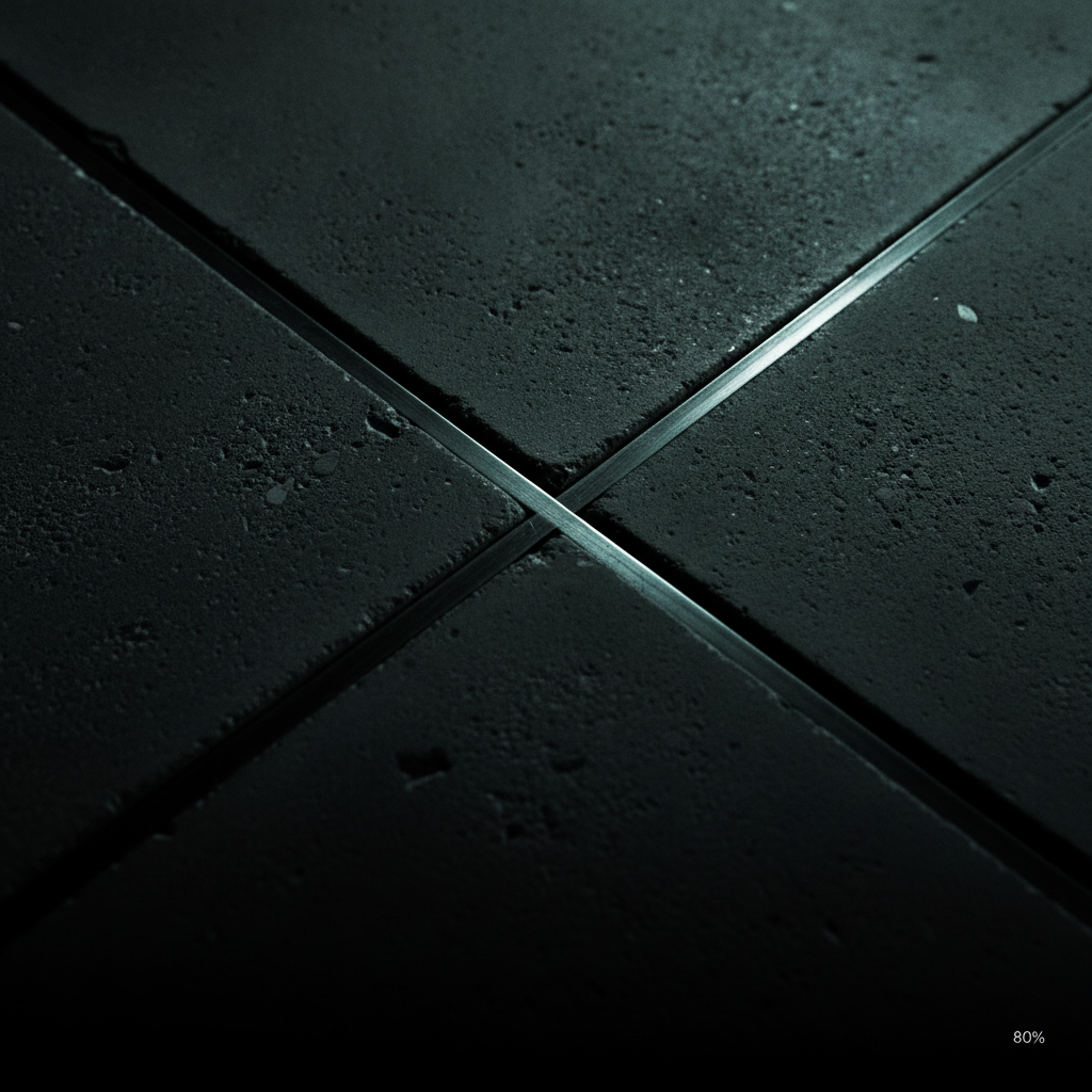 Macro of a poured concrete and brushed-metal seam — the joint between two cast panels, grain and aggregate visible, one hard raking highlight along the seam