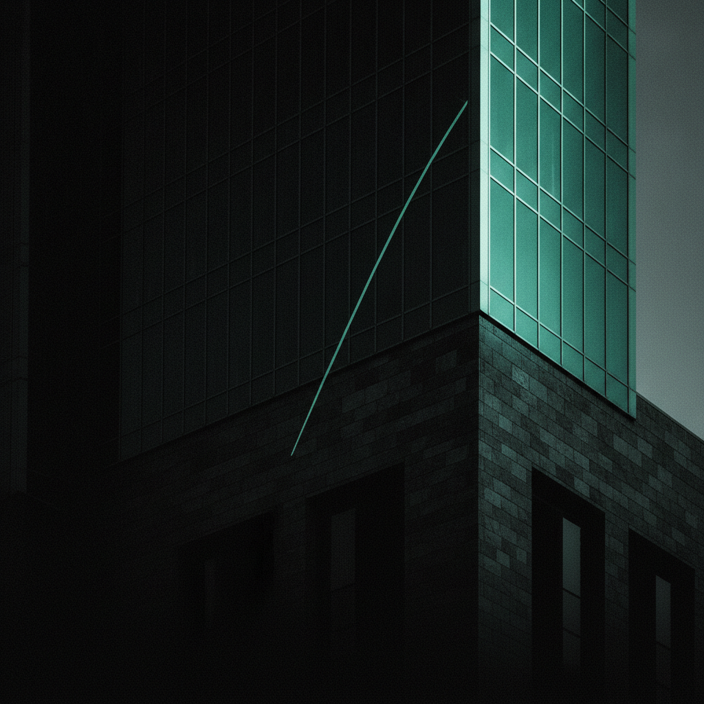 Cropped corner of a stone-and-glass commercial tower at dusk, one hard highlight edge running the full height of the frame, quarried block texture in the lower third, no signage or windows legible as text
