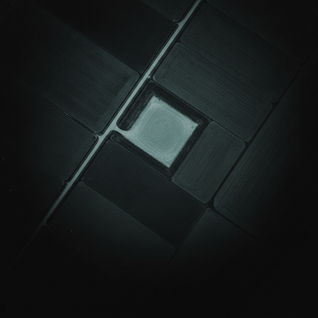 High-altitude aerial geometry of industrial and agricultural parcels — rectilinear field and yard divisions, a single access road cutting diagonally through the frame, no vehicles, no readable markings